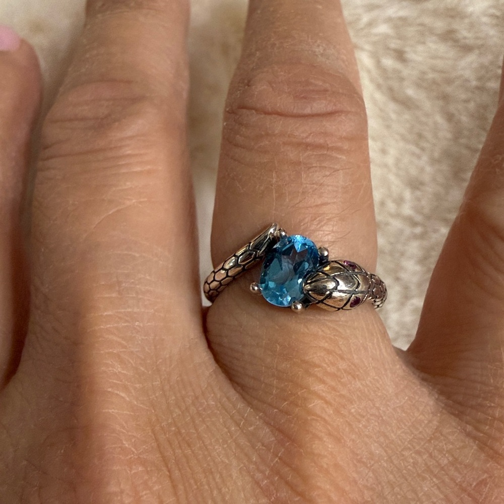 Sterling Silver Blue Topaz Snake Ring, Adjustable